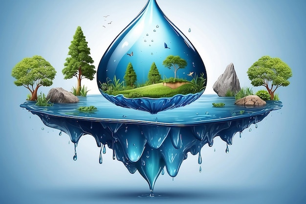 Realistic water drop with an ecosystem for world water day