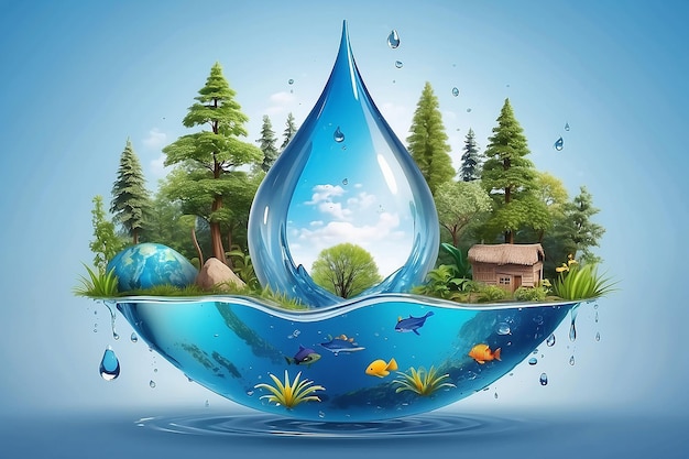 Realistic water drop with an ecosystem for world water day