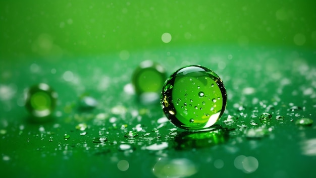 Realistic water droplets on green background design wallpaper generated by AI