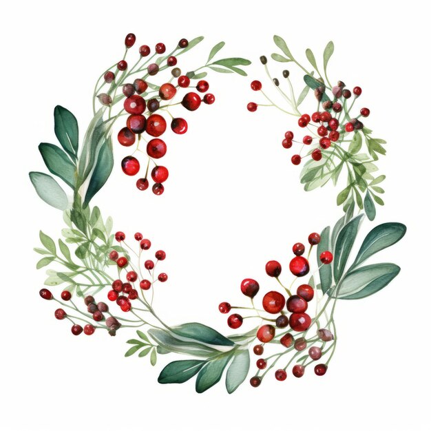 Photo realistic watercolor christmas wreath clipart with berries and leaves
