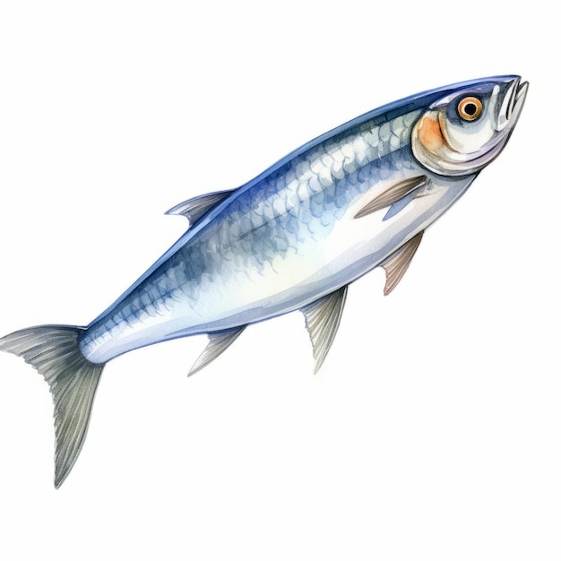 Photo realistic watercolor clipart of blue herring on white background