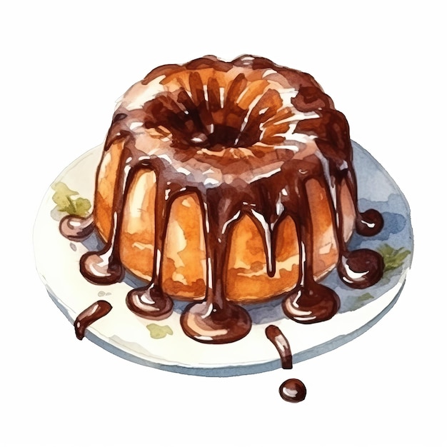 Realistic Watercolor Illustration Of A Bundt Cake With Chocolate Glaze