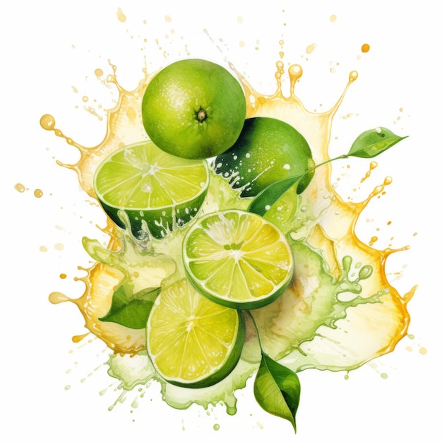 Photo realistic watercolor illustration of calamansi juice splashing on white background