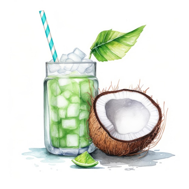 Реалистичная акварельная иллюстрация коктейля с кокосовой водой