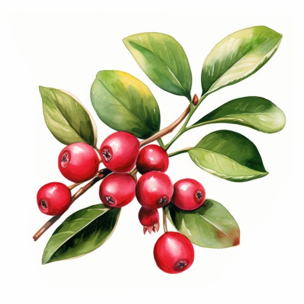 Realistic Watercolor Illustration Of Cranberries With Leaves