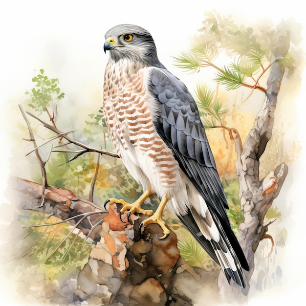 Photo realistic watercolor illustration of a falcon perched on a tree branch