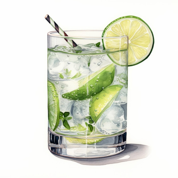 Realistic Watercolor Illustration Of Gin And Tonic Cocktail