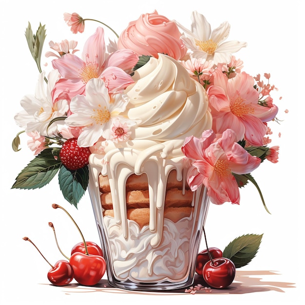 白い背景に花のトッピングイチゴとアイスクリームのリアルな水彩イラスト