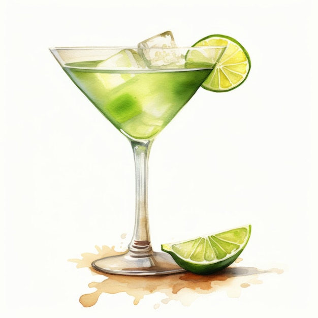 Realistic Watercolor Illustration Of Margarita Cocktail