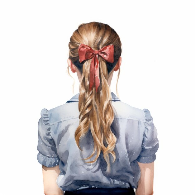 머리카락 에 활 을 달고 있는 학교 소녀 의 현실적 인 수채화 일러스트레이션