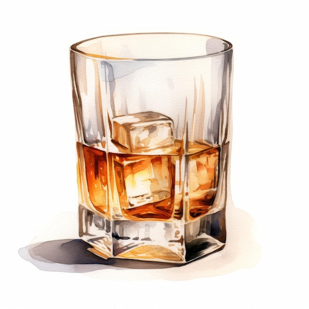 Photo realistic watercolor illustration of whiskey shot with ice cubes