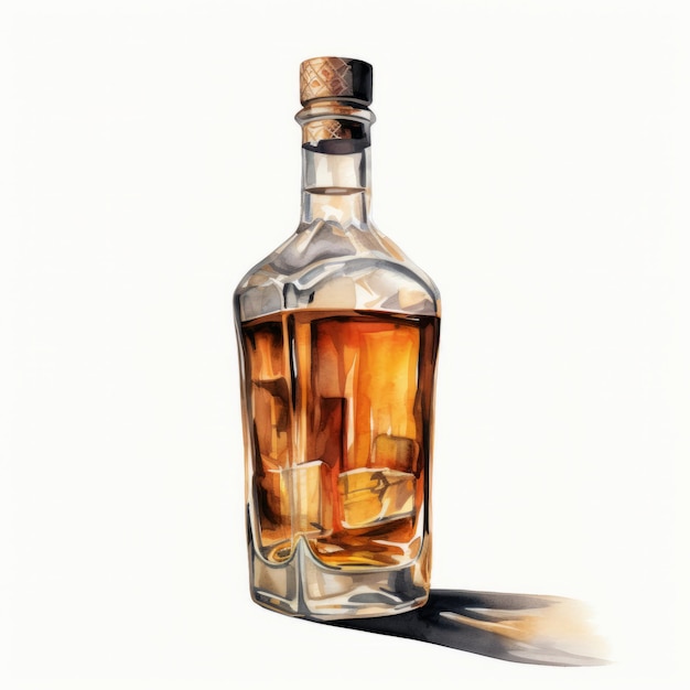 Realistic Watercolor Illustration Of Whisky Bottle With Ice Cubes