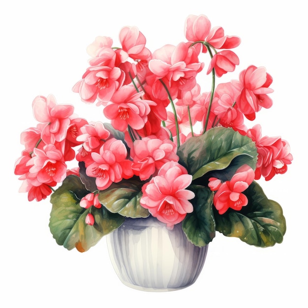 Realistic Watercolor Painting Of Bunch Of Begonia Flowers In Vase