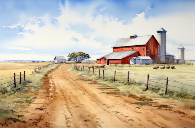 Realistic Watercolor Painting Of A Farm With Barns And A Dirt Road