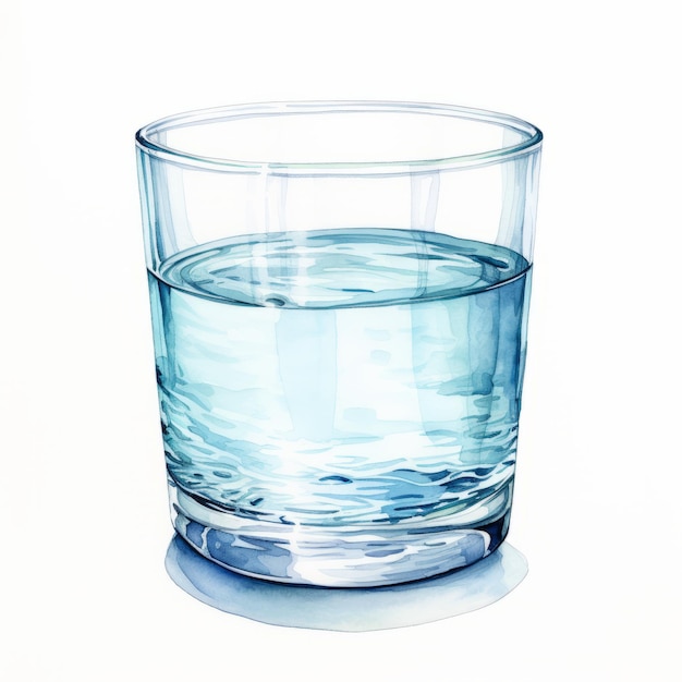 Realistic Watercolor Painting Of Glass Of Water On White Background