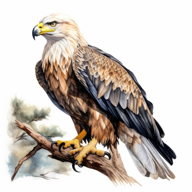 Realistic Watercolor Painting Of A Golden Eagle On Branch