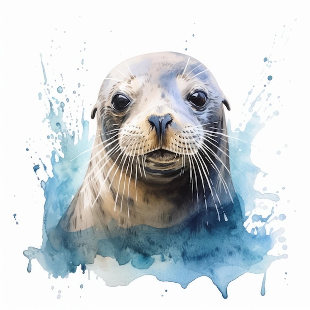 Realistic Watercolor Painting Of A Sea Lion With Paint Splash Background