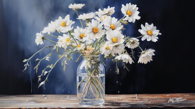 Realistic Watercolor Painting Of White Daisies In A Vase