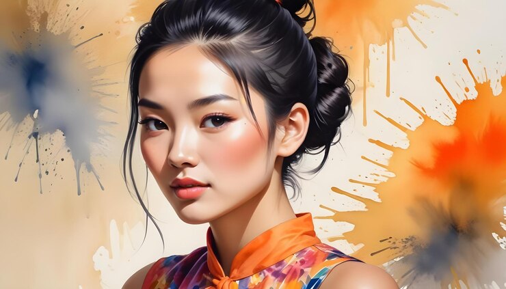 Photo 色とりどりのドレスを着た黒いのアジア人女性のリアルな水彩画像
