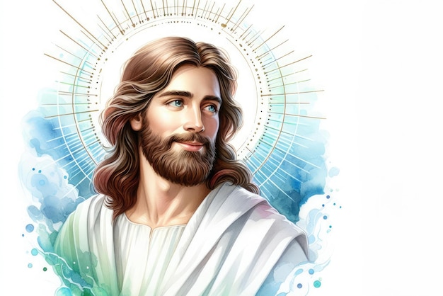 Realistic watercolor portrait jesus christ smiling and illuminated by god