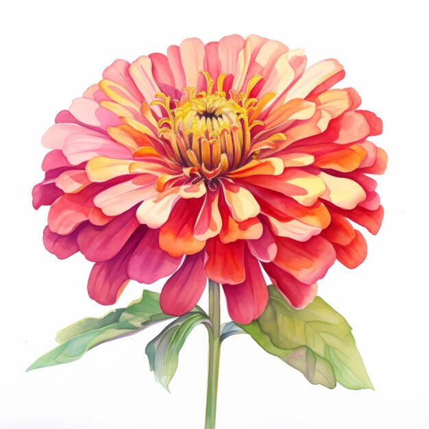 Photo realistic watercolor zinnia painting on white background