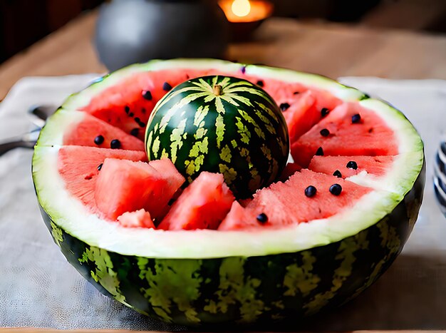 Realistic watermelon inspires neutral color palette with warm lighting Highly detailed cozy atmosphere in a restaurant setting devoid of people Extreme long shot Generative AI Generated