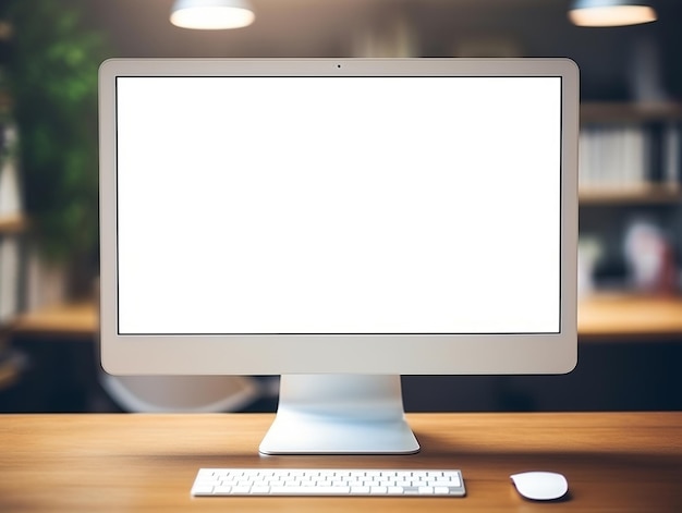 Realistic White computer mockup with white screen on desk