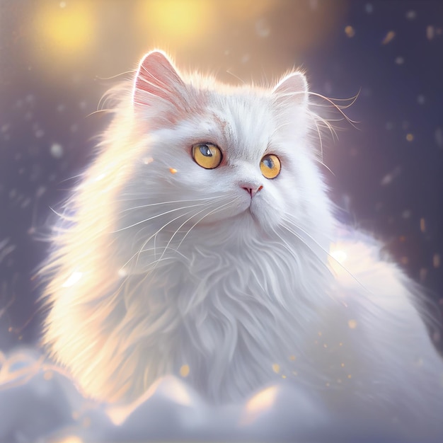 Realistic White Fluffy Cat In Snow Winter Background Generative AI