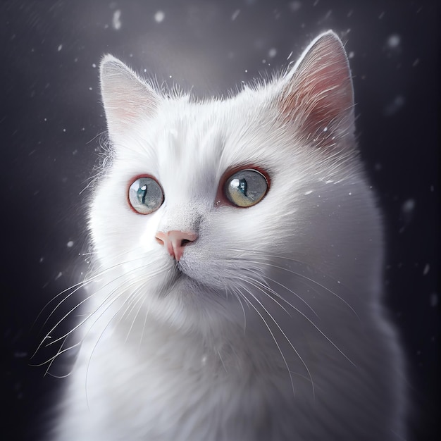 Realistic White Fluffy Cat In Snow Winter Background Generative AI