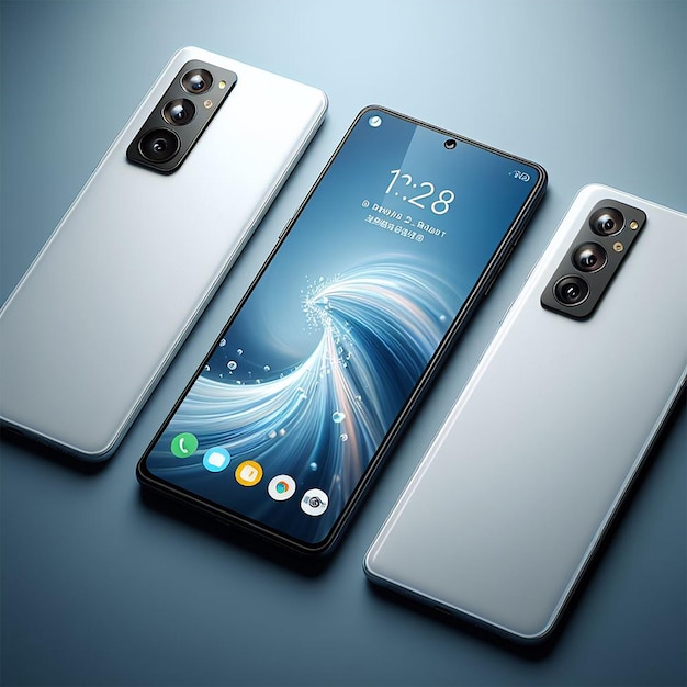 Realistic white smartphone design with three cameras