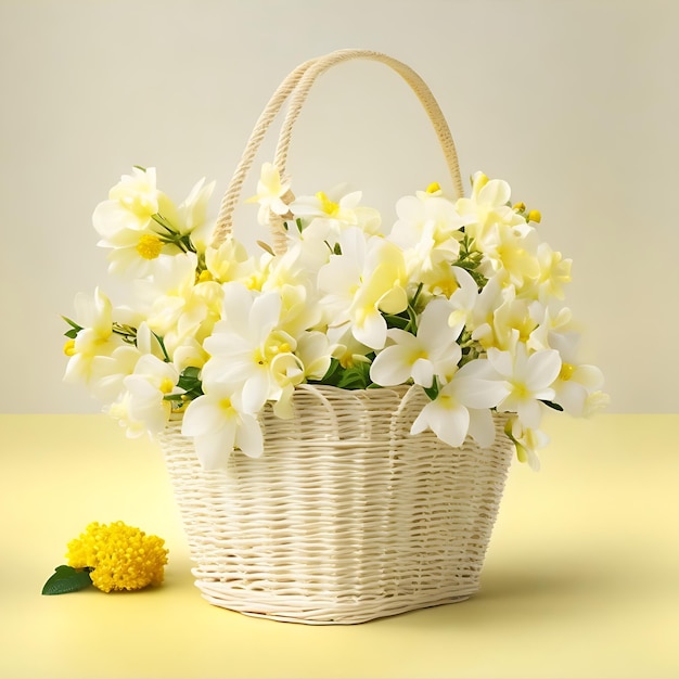 Realistic WhiteYellow Basket Design with White Flowers Soft Yellow Background in 8K