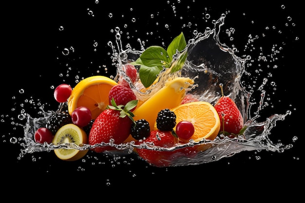 Realistic whole and sliced fruits in splash of water