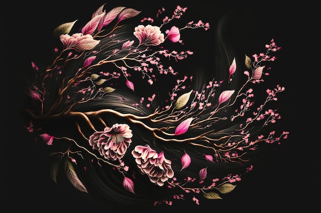realistic wind swirls with sakura cherry branch flower leaves pink petals on black background
