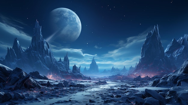 A realistic winter season with ice mountain and moon in the sky neon blue bright light effect