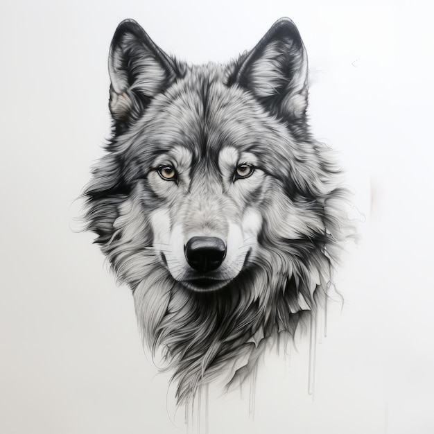白い背景にリアルなオオカミの肖像画のタトゥー