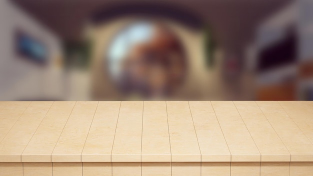 Realistic Wood Table top front view 3d render A Wood Table with a blurred background