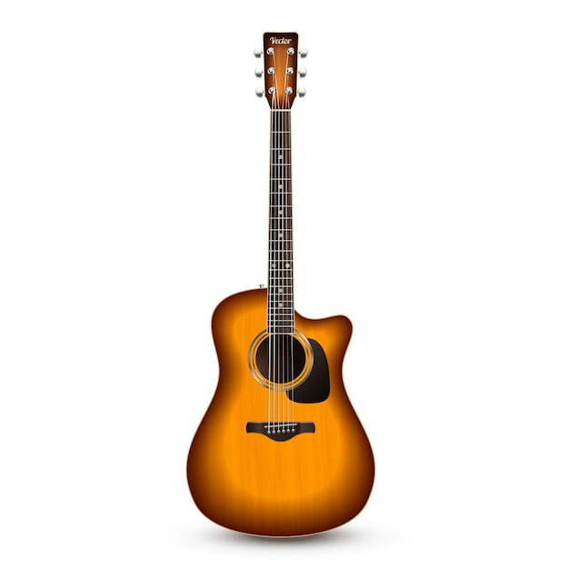 Фото Реалистичная деревянная акустическая гитара, изолированная на белом фоне