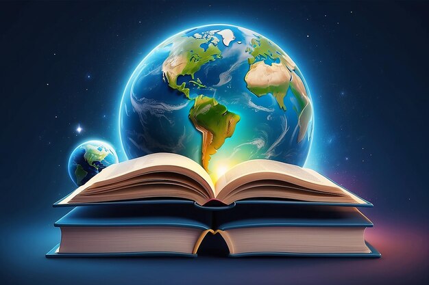 Realistic world book day illustration with planet and stack of books