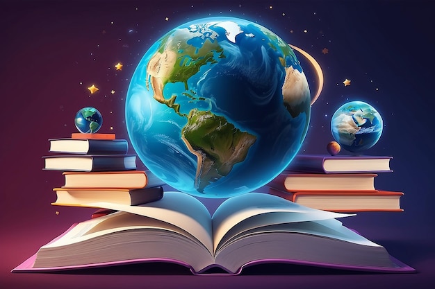 Realistic world book day illustration with planet and stack of books