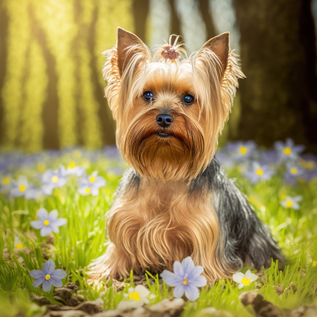 Realistic yorkshire terrier on ravishing natural outdoor background