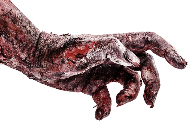 Realistic zombie hand with wounds and blood isolated white background copyspace