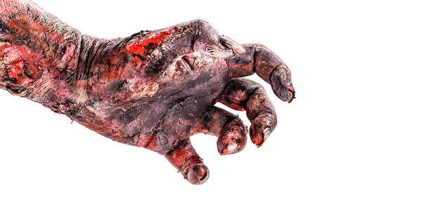 Realistic zombie hand with wounds and blood, isolated white surface, copyspace.