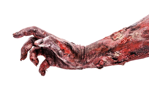 Photo realistic zombie hand with wounds and blood, isolated white surface, copyspace.