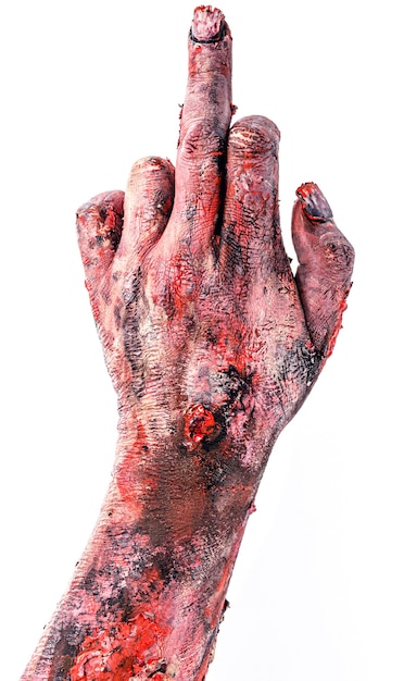 Photo realistic zombie or undead hand, with obscene, vulgar gesture, outstretched middle finger