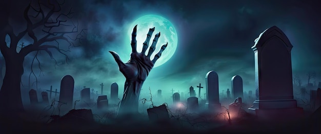 Realistic zombies rising in dark banner a hand stretches out of a cemetery at night with a full moon