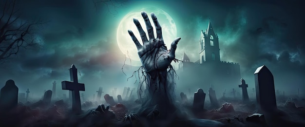 Realistic zombies rising in dark banner a hand stretches out of a cemetery at night with a full moon