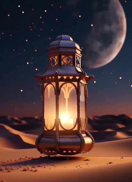 Realistics lantern Eid Greetings Crescent Moon and Illuminated Lanterns on a Serene Background