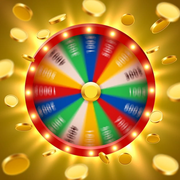 Realistisch 3d draaiend fortuinwiel met vliegende gouden munten. Geluksroulette.