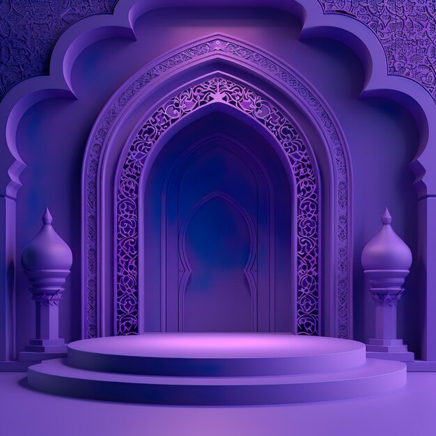 Realistisch 3D islamitisch vector podium in paarse kleur met moskee raam venster voor ramadan