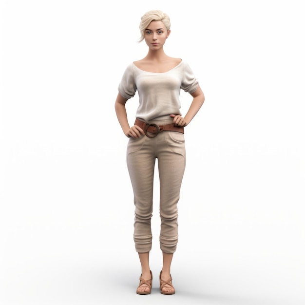 Realistisch 3D-model van een vrouwelijke figuur met bruine broek en wit T-shirt